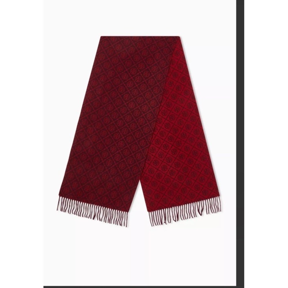Tory Burch T Monogram Logo Oblong Scarf Womens Red/Burgundy  Wool/cotton